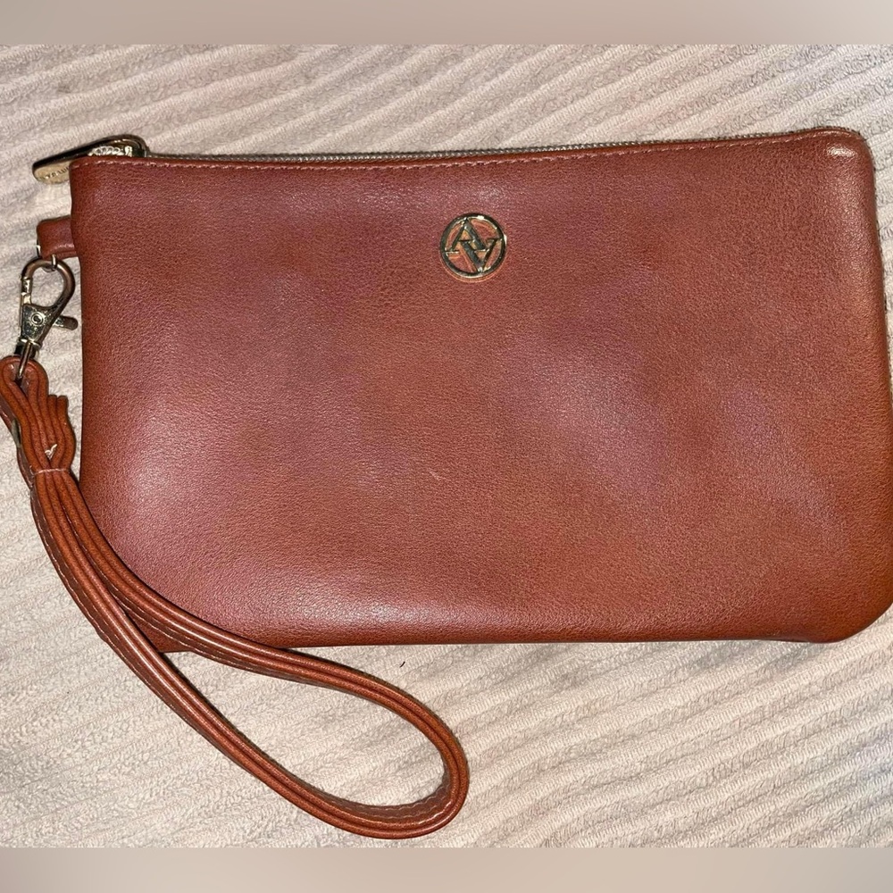 Brown Genuine Leather Wristlet Clutch, Adrienne Vittadini brand.